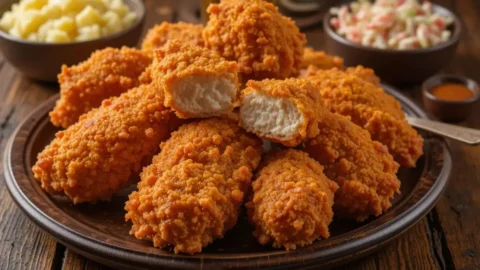 A close-up of crispy and golden New York fried chicken served with a side of fries and dipping sauce on a wooden platter.