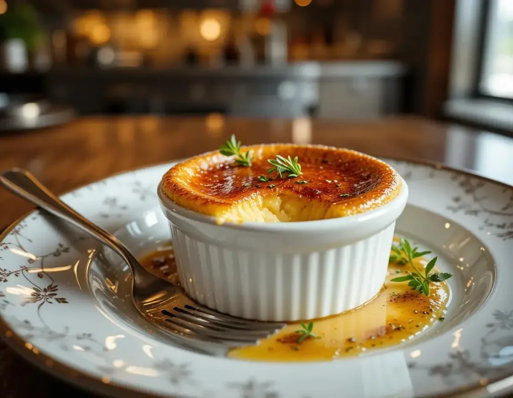 A close-up of a creamy crab brûlée garnished with fresh herbs and served in a ramekin with a golden caramelized crust.