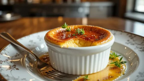 A close-up of a creamy crab brûlée garnished with fresh herbs and served in a ramekin with a golden caramelized crust.