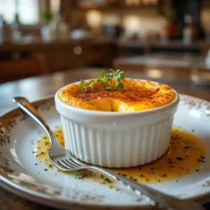 A creamy and golden-brown Crab Brulee, topped with a perfectly caramelized sugar crust and garnished with fresh herbs.