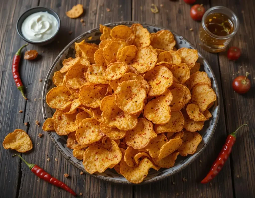 A bowl of spicy chips surrounded by chili peppers and seasonings, highlighting their bold flavor and appeal