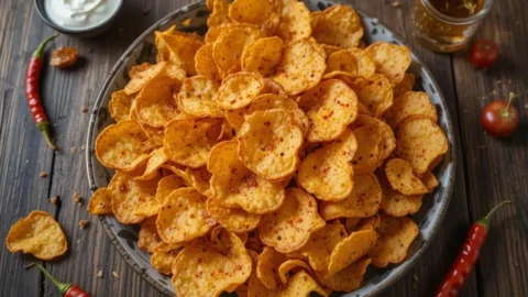 A bowl of spicy chips surrounded by chili peppers and seasonings, highlighting their bold flavor and appeal