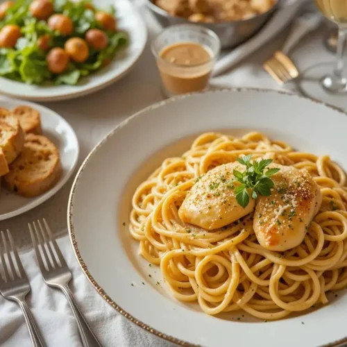 A plate of creamy Garlic Parmesan Chicken Pasta garnished with fresh parsley and served with garlic bread on the sid