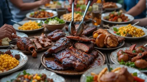 A smoker filled with sizzling meats and vegetables, showcasing deliciously smoked recipes ready to enjoy