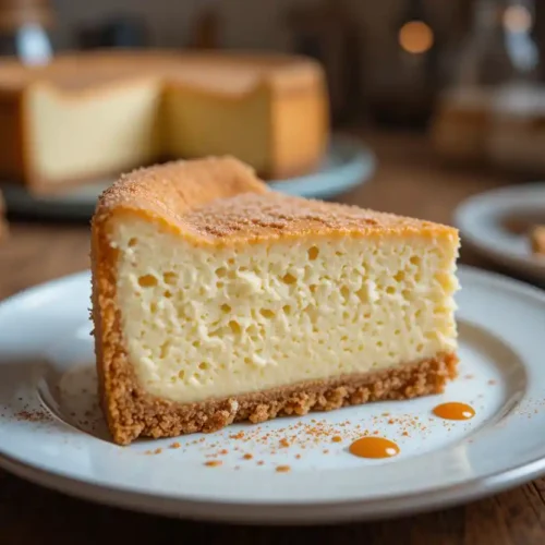 A golden-brown churro cheesecake topped with cinnamon sugar, sliced to reveal creamy layers inside