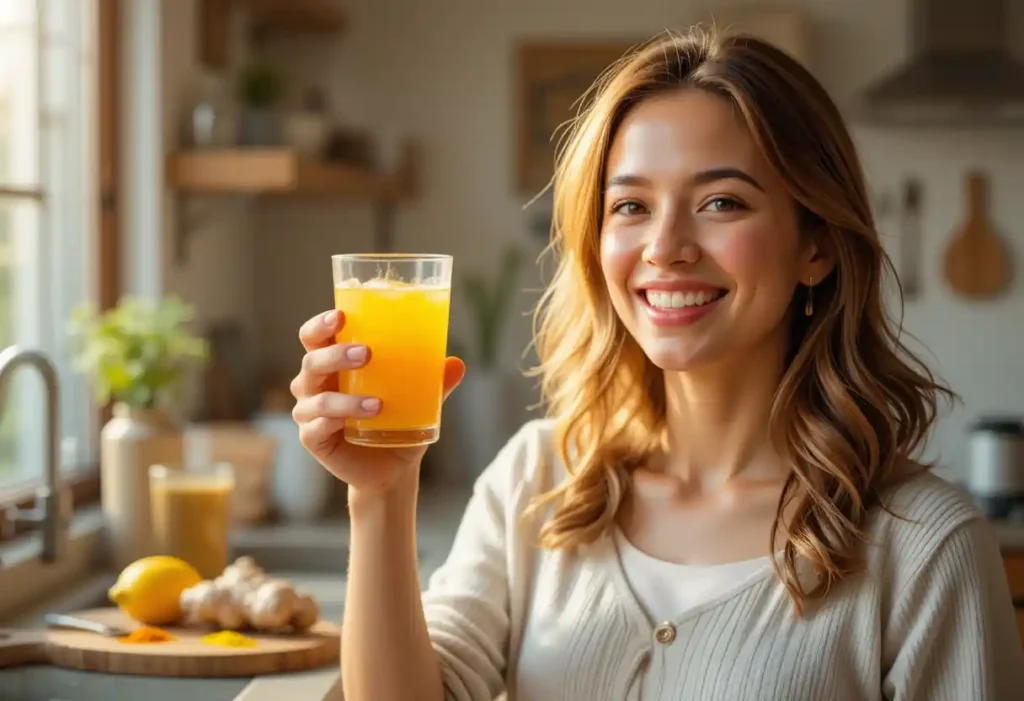 A glass of vibrant immunity shot surrounded by fresh ginger, turmeric, lemon, and honey, symbolizing health and wellness.