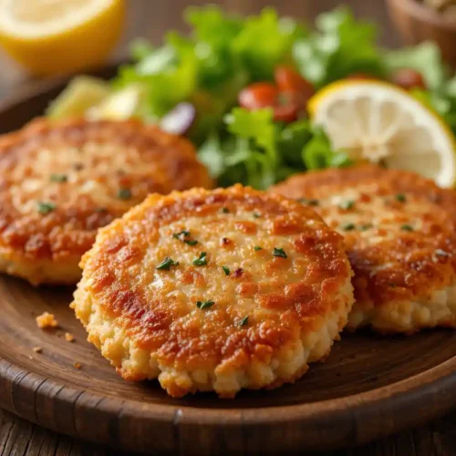 Golden, crispy old-fashioned salmon patties served on a plate with fresh herbs and a side of dipping sauce.