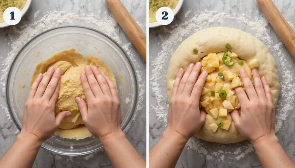 Hands kneading dough with vegan cheese and jalapeños, surrounded by baking tools like a mixing bowl and rolling pin.