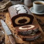 A moist chocolate cream cheese pound cake topped with powdered sugar and sliced to show its rich, velvety interior.