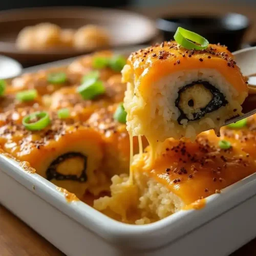 A freshly baked sushi bake in a white ceramic dish, golden-brown on top, drizzled with spicy mayo and unagi sauce, with a spoon scooping out a bite.