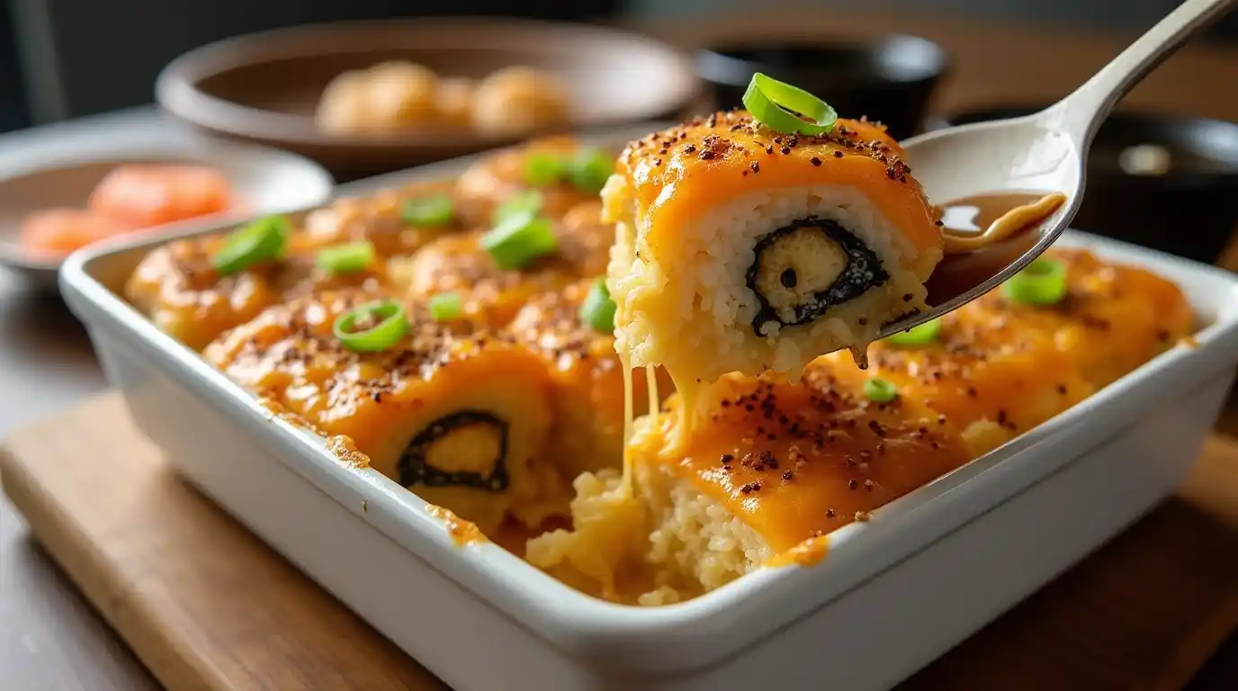 A freshly baked sushi bake in a white ceramic dish, golden-brown on top, drizzled with spicy mayo and unagi sauce, with a spoon scooping out a bite.