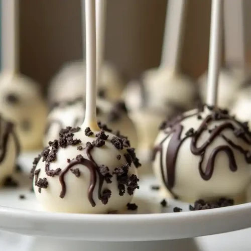 A close-up of cookie and cream cake pops coated in white chocolate, drizzled with dark chocolate, and sprinkled with crushed Oreo cookies, displayed on a white platter.