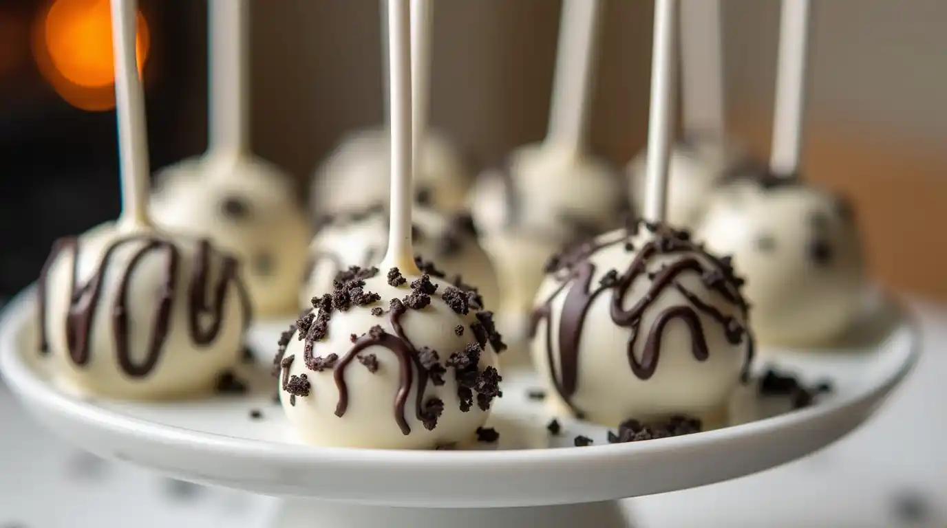 A close-up of cookie and cream cake pops coated in white chocolate, drizzled with dark chocolate, and sprinkled with crushed Oreo cookies, displayed on a white platter.