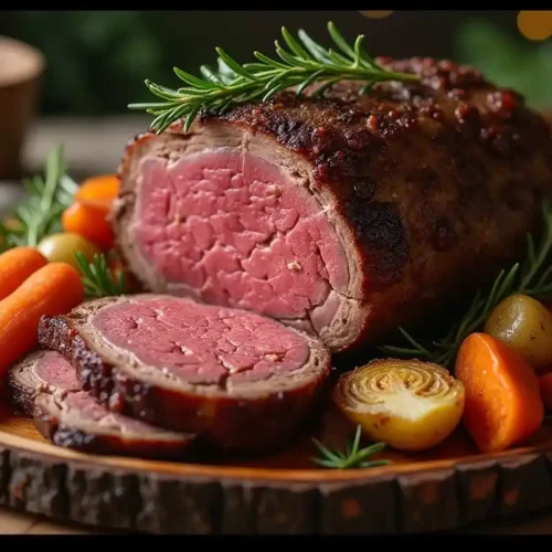 A tender venison roast served on a wooden platter with roasted vegetables, garnished with fresh rosemary and accompanied by a bowl of rich gravy.