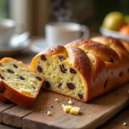 A breakfast table with sliced braided chocolate chip brioche, coffee mugs, and fruit, creating a warm and inviting atmosphere.