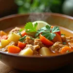 A vibrant and steaming bowl of caldo de pollo served with tender chicken, colorful vegetables, fresh cilantro, and lime wedges, set on a rustic wooden table.