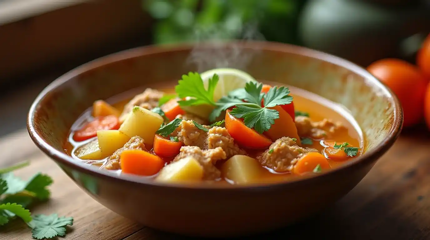 A vibrant and steaming bowl of caldo de pollo served with tender chicken, colorful vegetables, fresh cilantro, and lime wedges, set on a rustic wooden table.