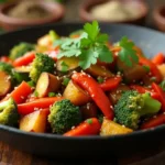 A vibrant plate of spicy vegetables featuring broccoli, zucchini, carrots, and red bell peppers, garnished with fresh cilantro and lime wedges.