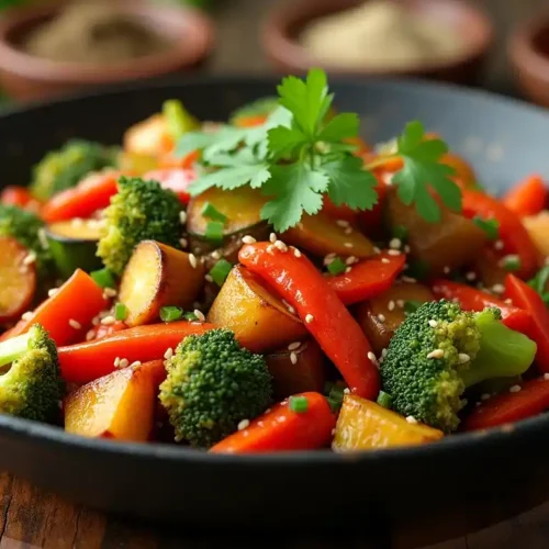 A vibrant plate of spicy vegetables featuring broccoli, zucchini, carrots, and red bell peppers, garnished with fresh cilantro and lime wedges.