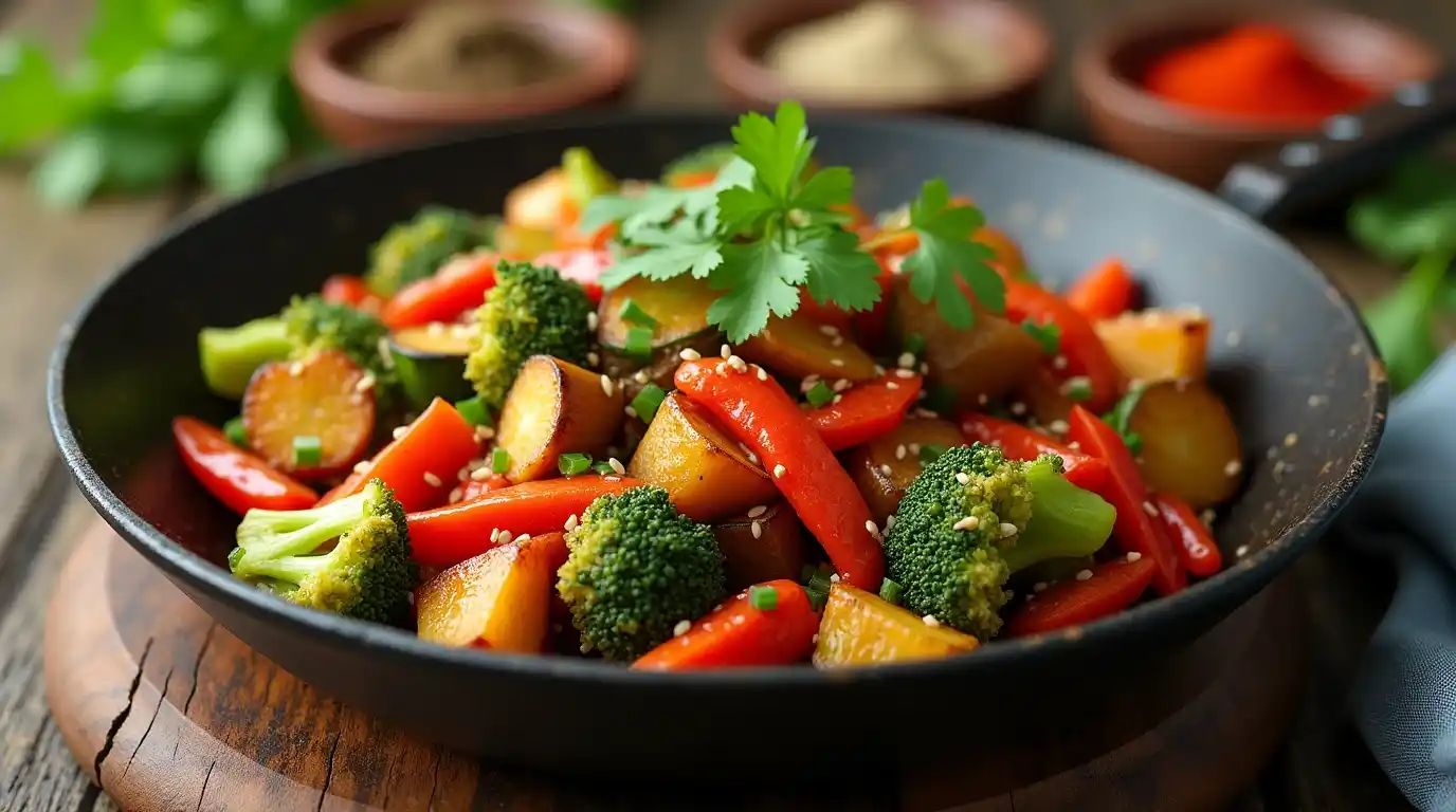 A vibrant plate of spicy vegetables featuring broccoli, zucchini, carrots, and red bell peppers, garnished with fresh cilantro and lime wedges.