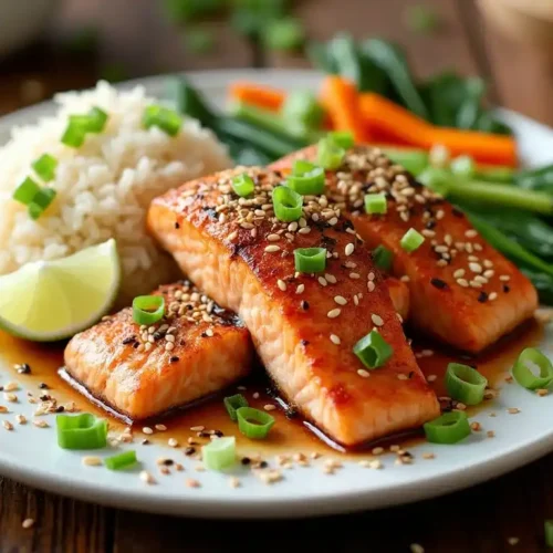 A perfectly cooked salmon fillet coated in a rich Asian rub, garnished with sesame seeds, sliced green onions, and lime wedges. Served with jasmine rice and sautéed bok choy on a white plate, placed on a rustic wooden table with soy sauce and chopsticks nearby.