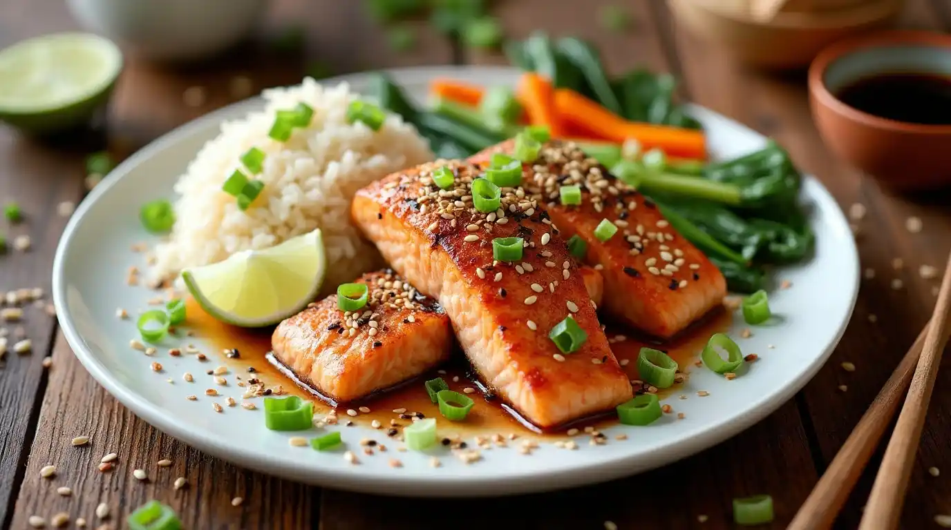 A perfectly cooked salmon fillet coated in a rich Asian rub, garnished with sesame seeds, sliced green onions, and lime wedges. Served with jasmine rice and sautéed bok choy on a white plate, placed on a rustic wooden table with soy sauce and chopsticks nearby.