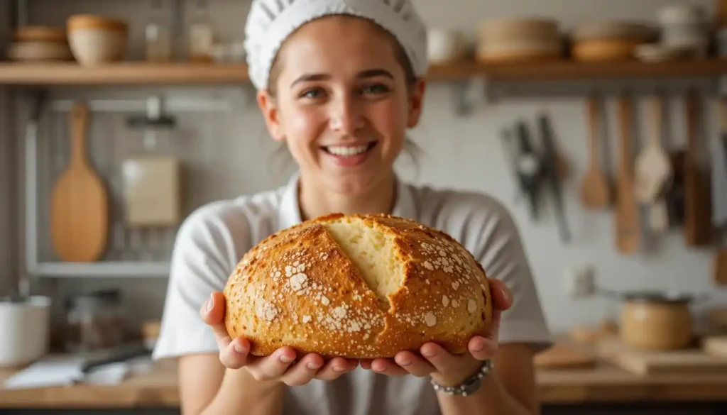 Capture a cheerful baker holding a golden loaf of vegan jalapeno cheese artisan bread, fresh from the oven. The kitchen background includes a cooling rack and baking tools, with soft natural light creating a warm, celebratory feel.
