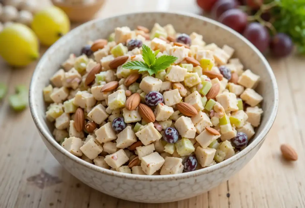A bowl of creamy Chicken Salad Chick recipe served with crackers, fresh greens, and fruit on a rustic table.