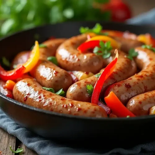 Create a realistic image of fresh, golden-brown beef sausages sizzling in a cast-iron skillet with colorful sautéed vegetables like bell peppers and onions. A few fresh herbs and spices are arranged on the table around the skillet, emphasizing the versatility and vibrant appeal of beef sausage in cooking.