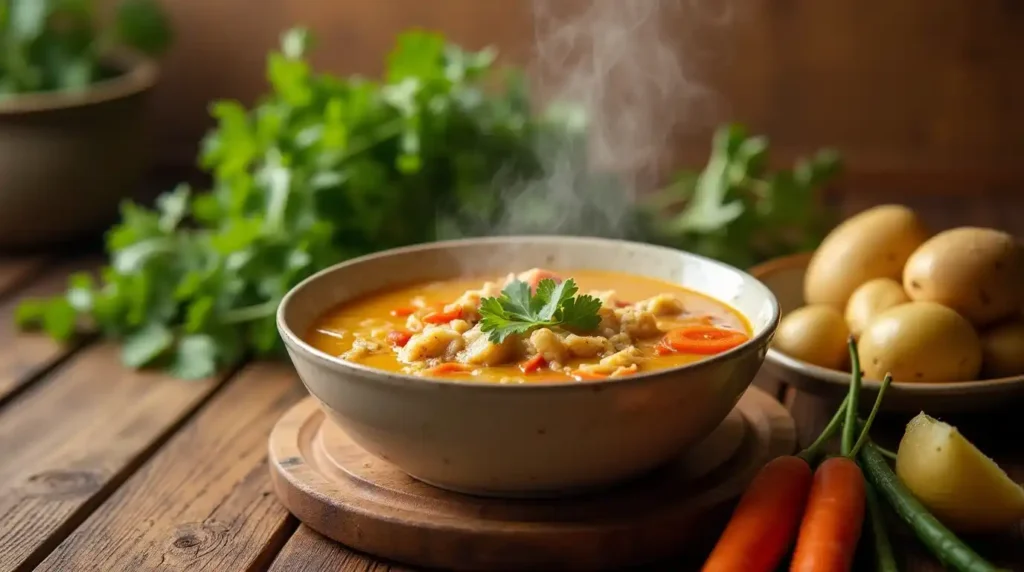 A steaming bowl of caldo de pollo surrounded by fresh ingredients like chicken, carrots, and cilantro on a rustic wooden table.