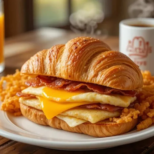 Arby’s breakfast menu items, including croissant sandwiches, breakfast wraps, hash browns, and coffee, beautifully arranged on a table.