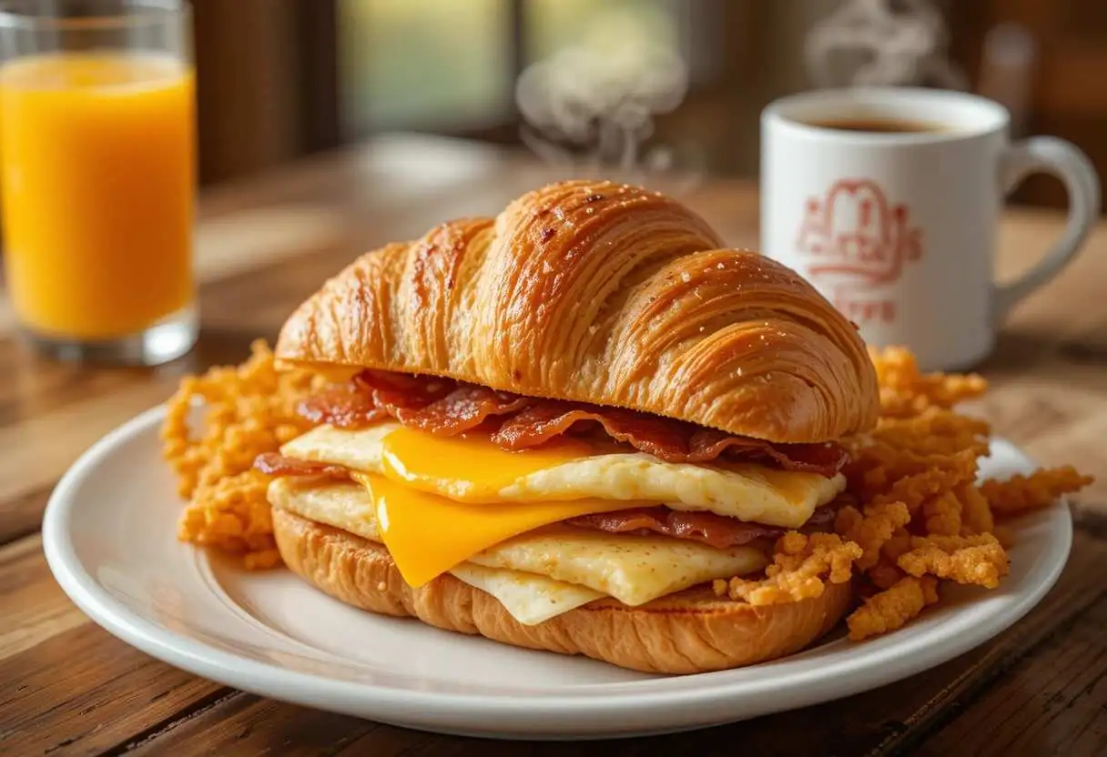 Arby’s breakfast menu items, including croissant sandwiches, breakfast wraps, hash browns, and coffee, beautifully arranged on a table.