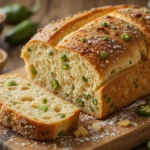 A golden loaf of vegan jalapeno cheese artisan bread on a wooden cutting board, topped with melted vegan cheese and diced jalapeños, surrounded by baking tools.