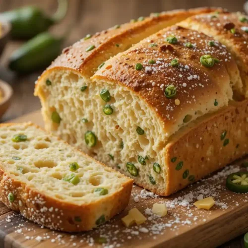 A golden loaf of vegan jalapeno cheese artisan bread on a wooden cutting board, topped with melted vegan cheese and diced jalapeños, surrounded by baking tools.