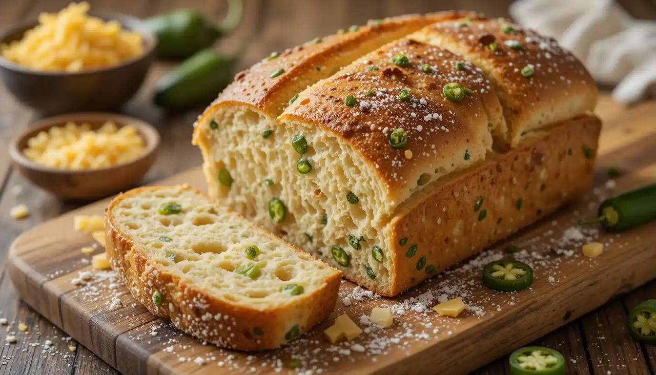 A golden loaf of vegan jalapeno cheese artisan bread on a wooden cutting board, topped with melted vegan cheese and diced jalapeños, surrounded by baking tools.