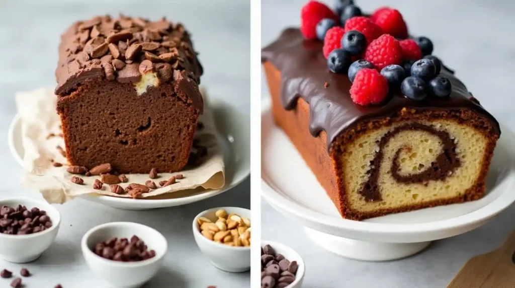 Two variations of chocolate cream cheese pound cake, one with a ganache topping and one marbled.