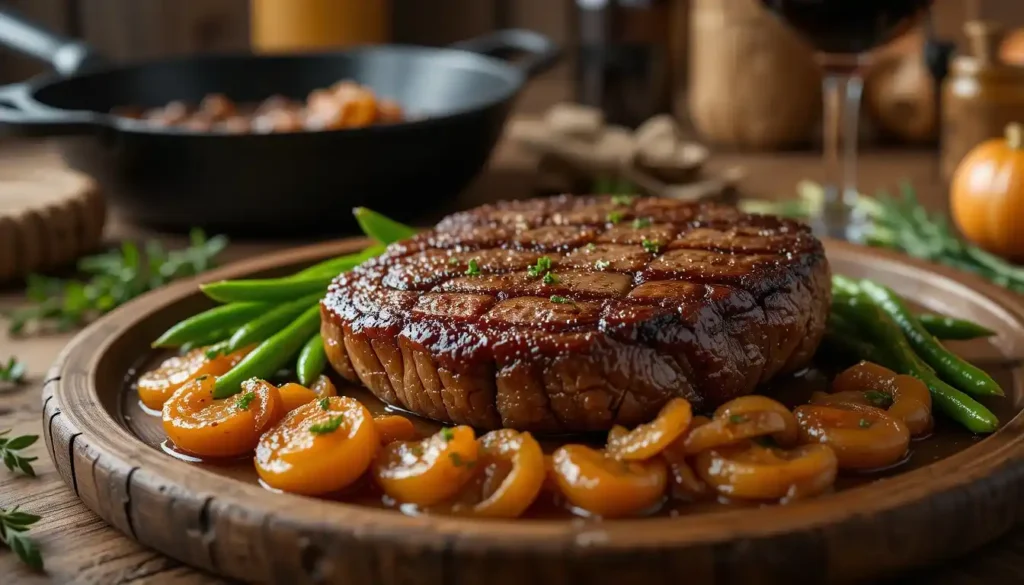 Seared steak with green beans and caramelized onions on a rustic wooden plate, surrounded by a cozy kitchen setup.