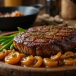 Seared steak with green beans and caramelized onions on a rustic wooden plate, surrounded by a cozy kitchen setup.