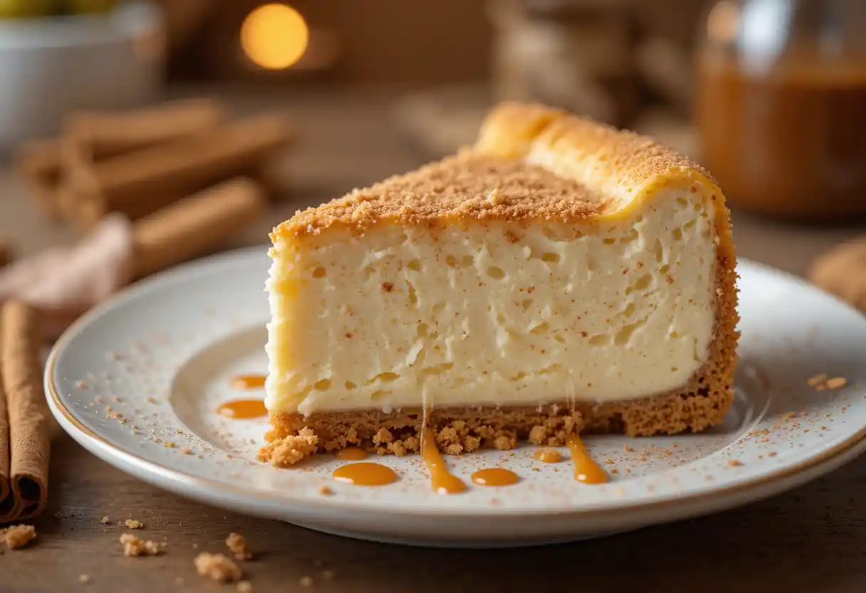 Golden churro cheesecake bars sprinkled with cinnamon sugar, served on a plate with a drizzle of caramel sauce.