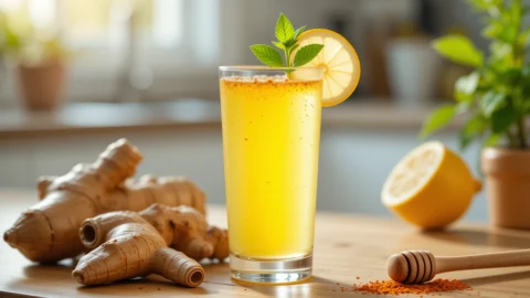 Fresh ingredients for an immunity shot recipe, including ginger, turmeric, lemon, and honey, arranged next to a glass of the vibrant golden drink."