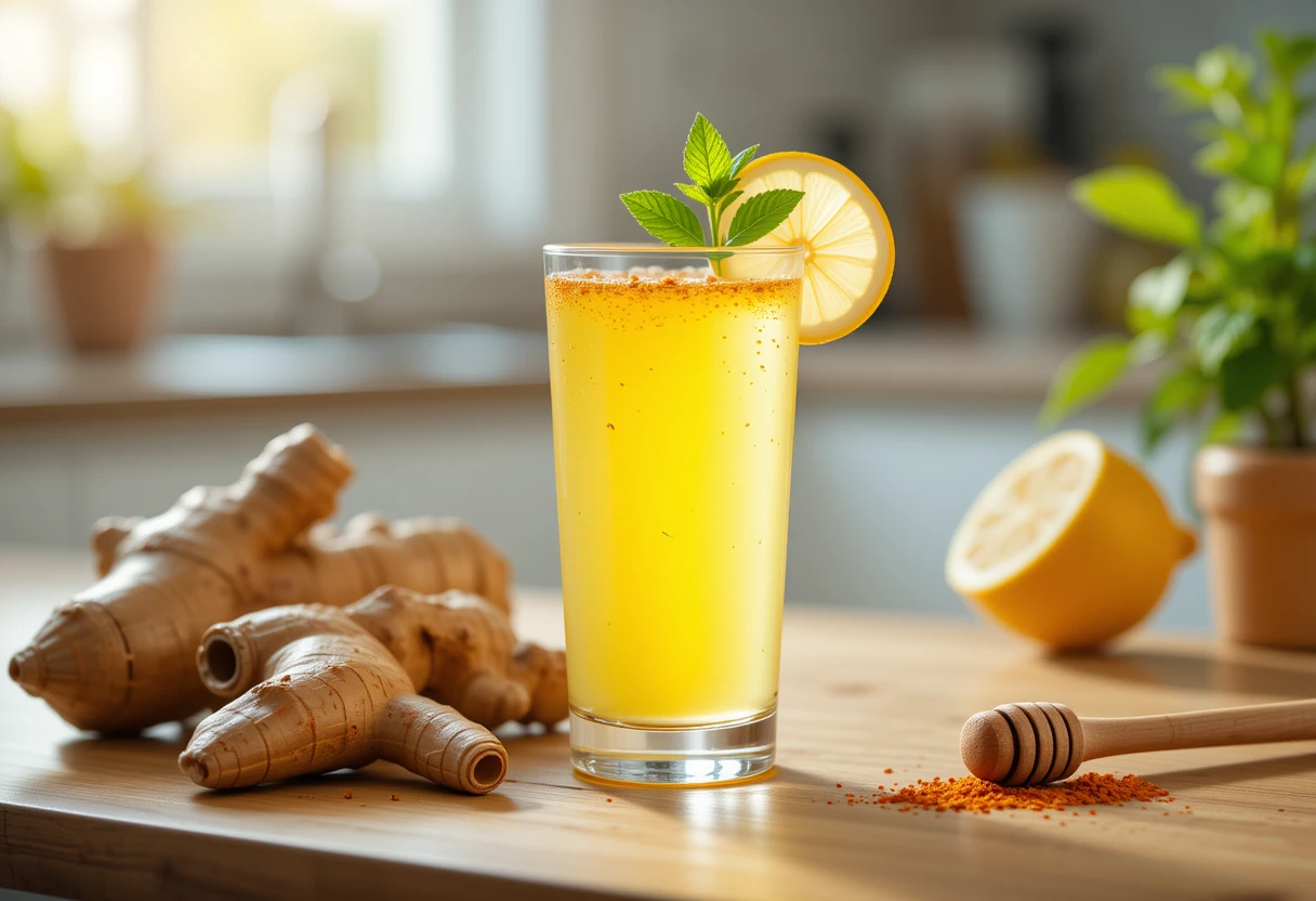 Fresh ingredients for an immunity shot recipe, including ginger, turmeric, lemon, and honey, arranged next to a glass of the vibrant golden drink."