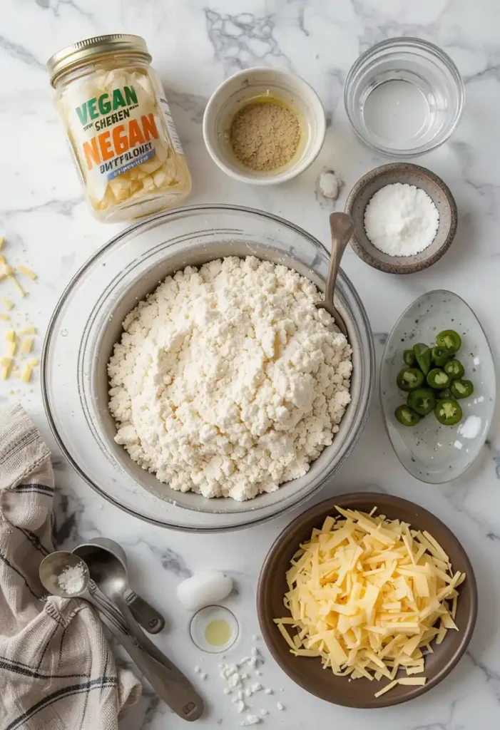 Flat-lay of ingredients for vegan jalapeno cheese artisan bread, including flour, yeast, sugar, salt, olive oil, vegan cheese, and jalapeños.