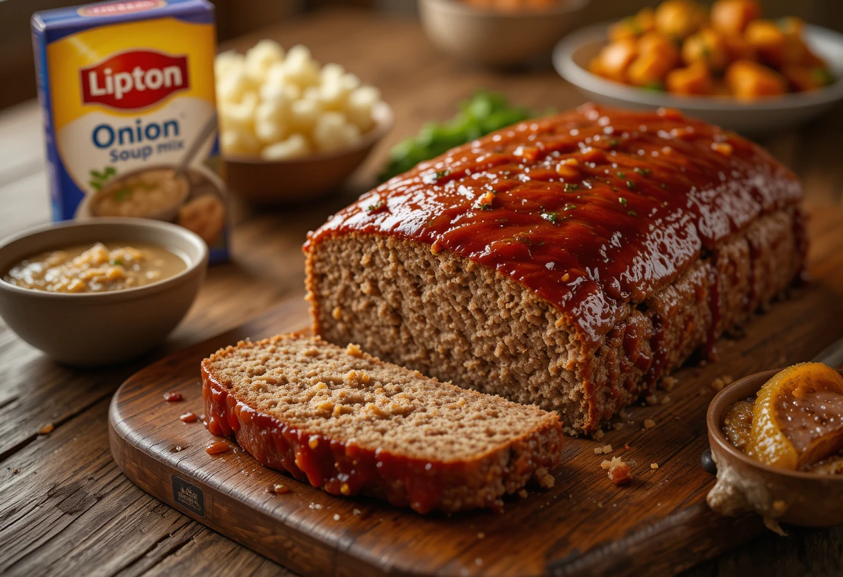 A perfectly baked meatloaf made with Lipton Onion Soup Mix, sliced and served on a platter with mashed potatoes and green beans