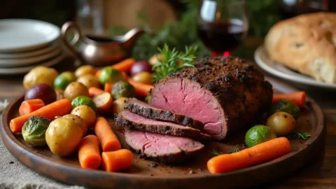 Sliced venison roast surrounded by roasted vegetables, served with gravy on a wooden platter.