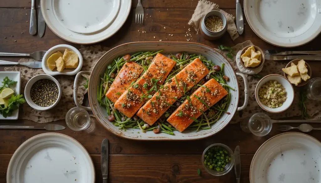 A beautifully plated salmon fillet surrounded by garnishes like lime wedges, sesame seeds, and green onions on a rustic dining table.
