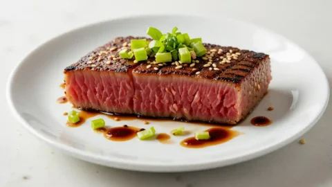 Seared ahi tuna slices with a perfectly crusted exterior, served on a plate with a side of greens and dipping sauce