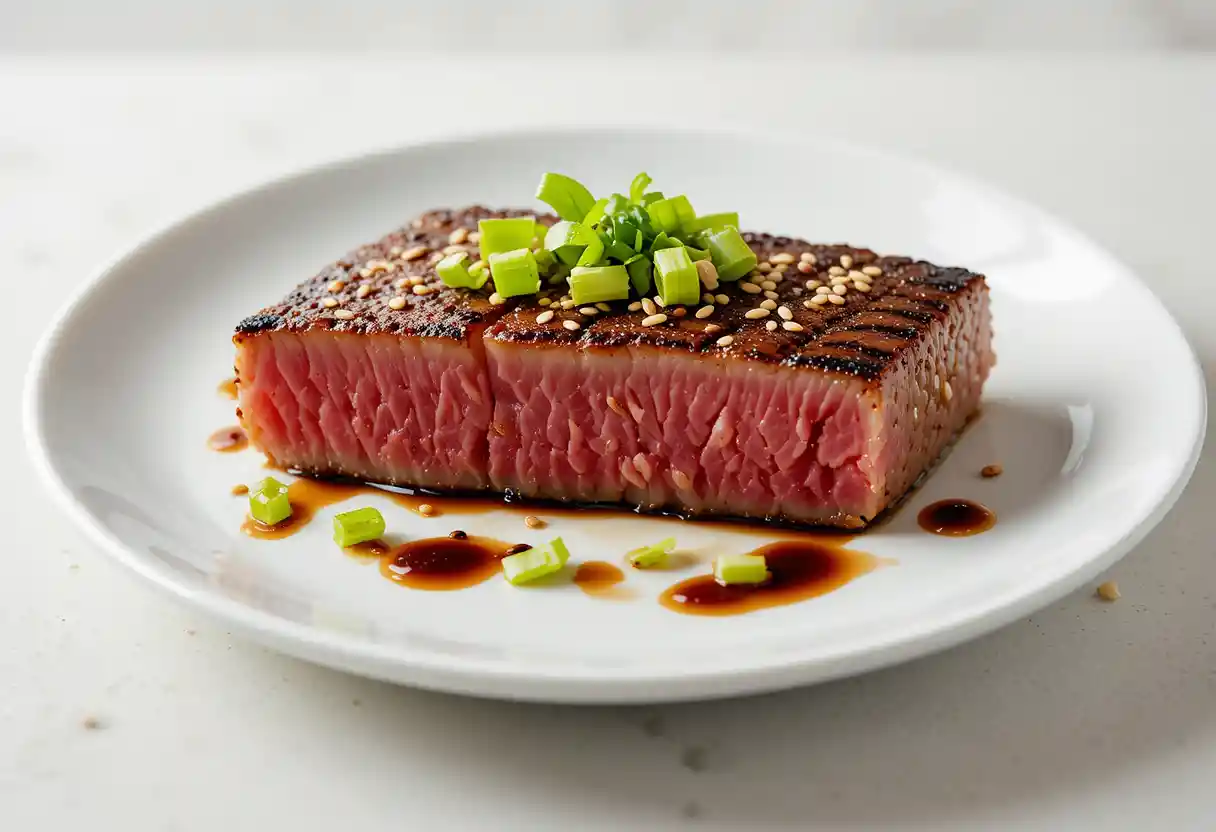 Seared ahi tuna slices with a perfectly crusted exterior, served on a plate with a side of greens and dipping sauce