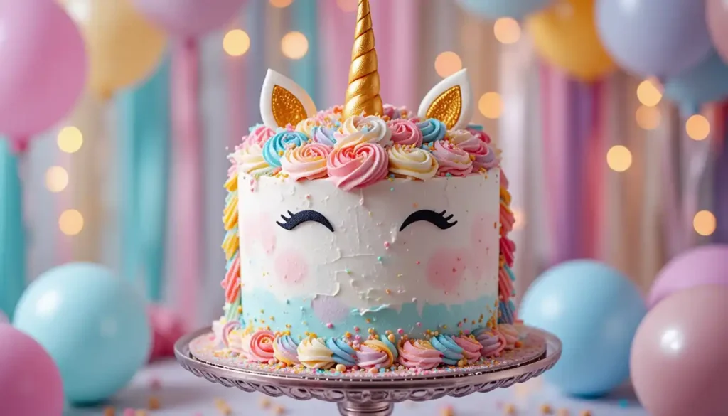 A colorful unicorn cake with vibrant rainbow layers, buttercream frosting, a golden fondant horn, pastel decorations, and sparkling edible glitter.