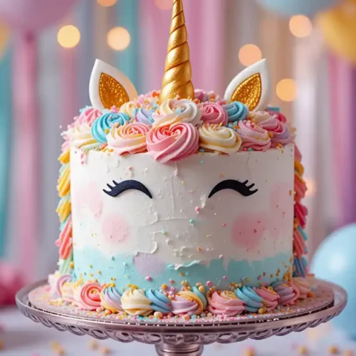 A colorful unicorn cake with vibrant rainbow layers, buttercream frosting, a golden fondant horn, pastel decorations, and sparkling edible glitter.