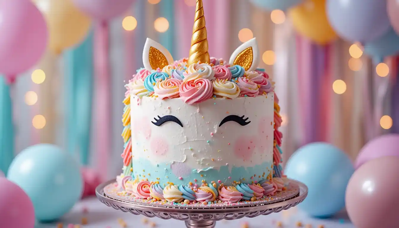 A colorful unicorn cake with vibrant rainbow layers, buttercream frosting, a golden fondant horn, pastel decorations, and sparkling edible glitter.